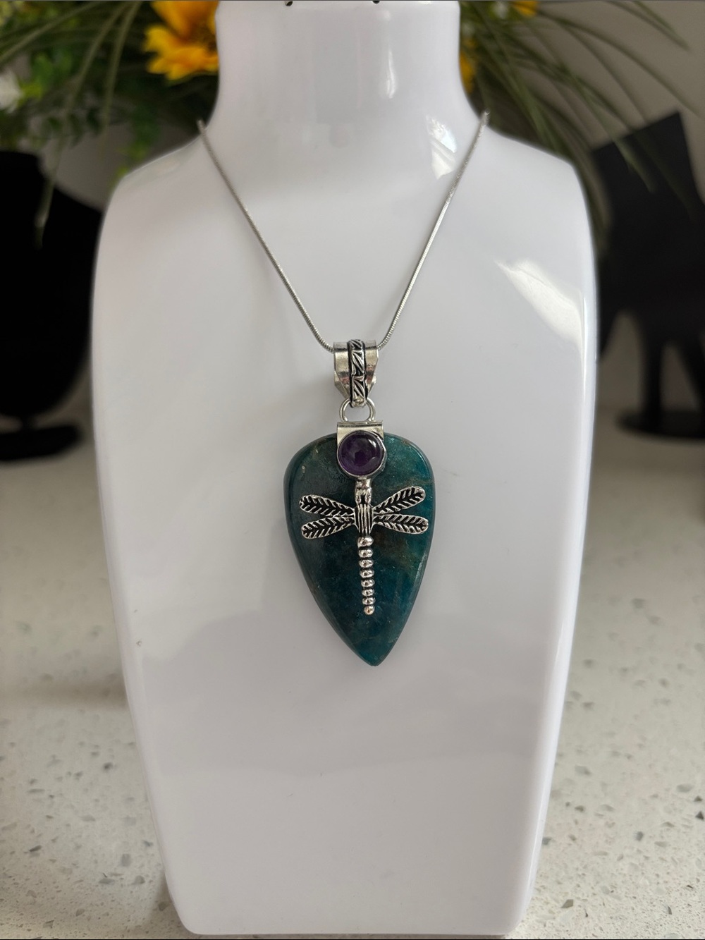 Apatite & Amethyst Gemstone Handmade Dragonfly Pendant Necklace